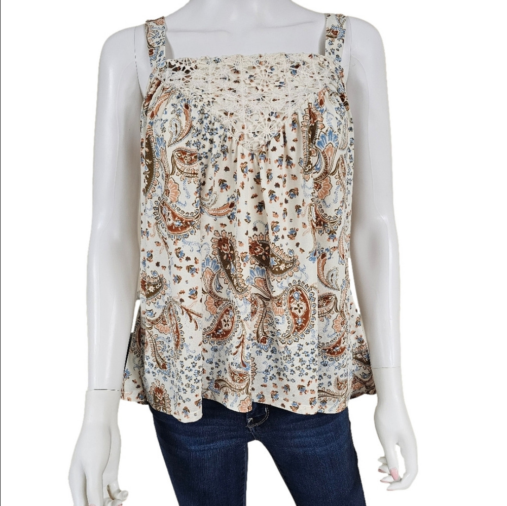 Cure Floral Paisley Square Neck Front Lace Accent Cami Size L